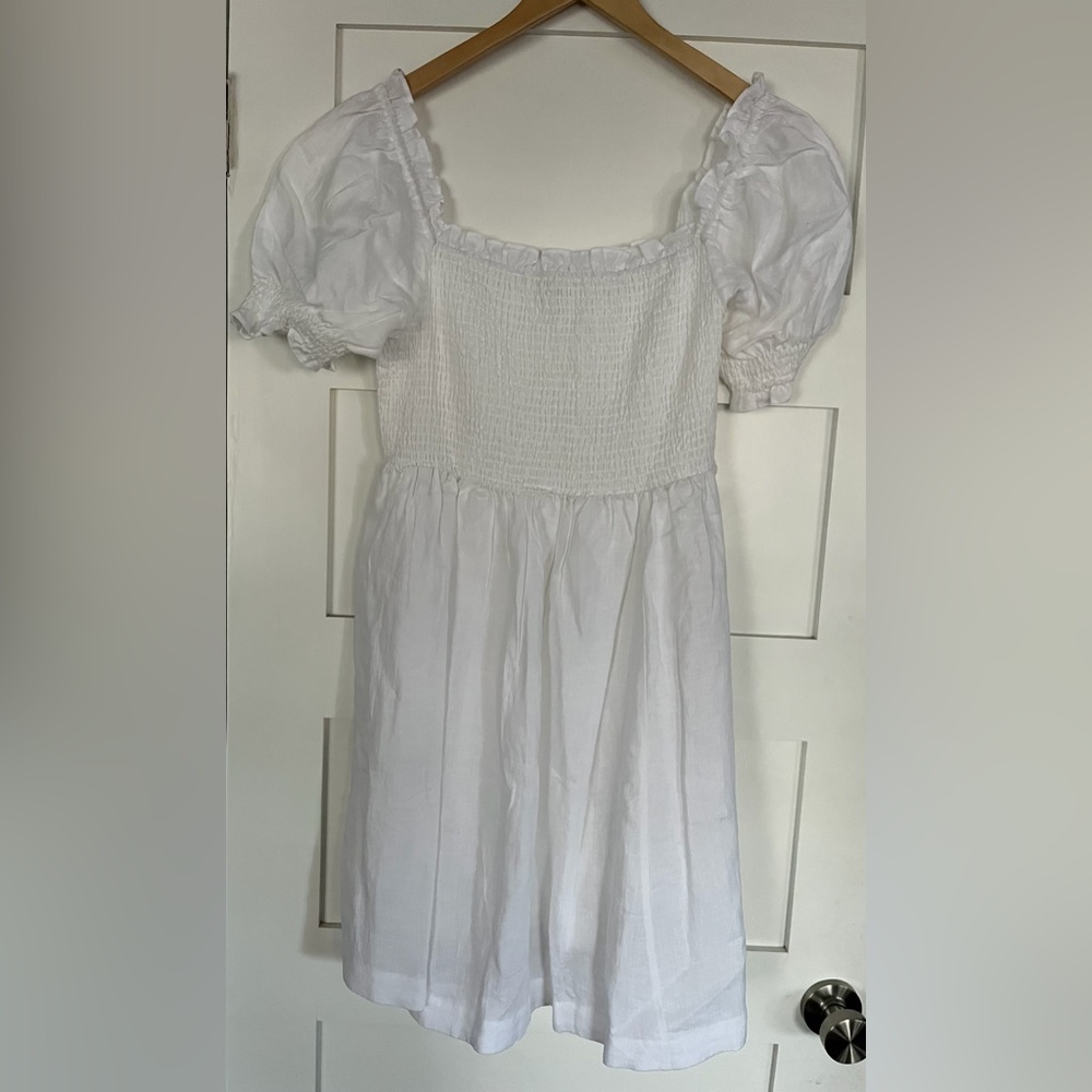 Boden White Smocked Puff Sleeve Linen Dress